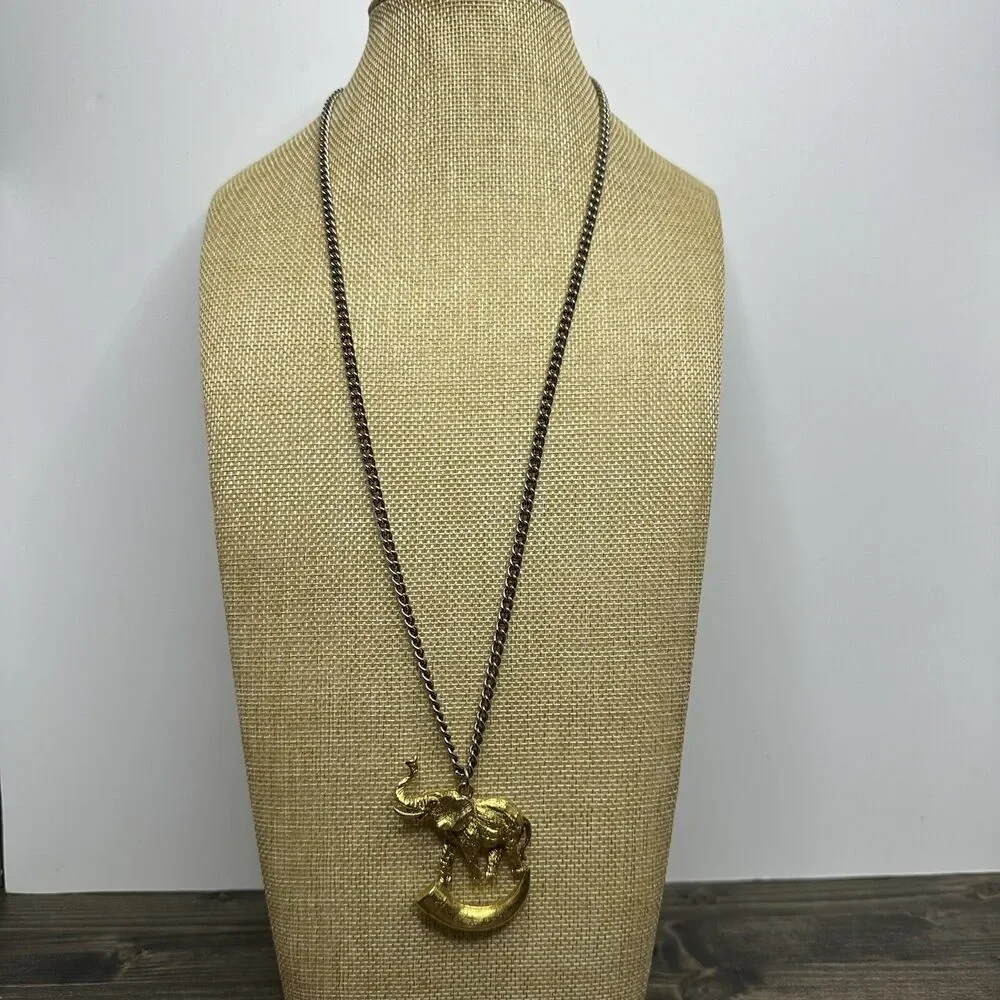 Vintage Elephant on Tusk Necklace Gold Tone Large Pendant Safari Estate‎ Find